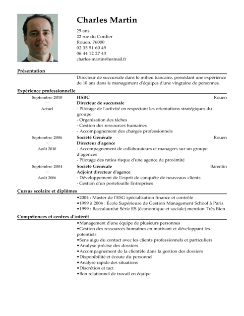 Exemple de CV Directeur de Succursale  Exemples & Modèles 