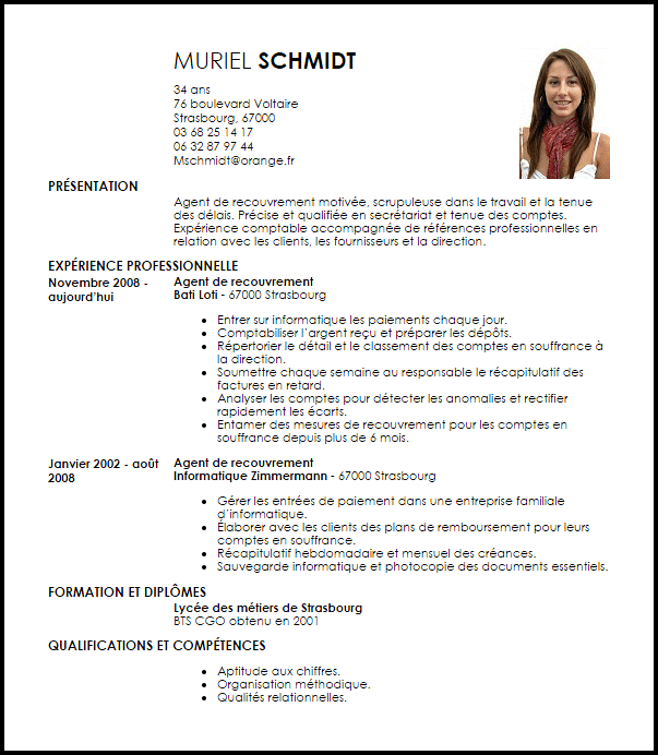 Exemple de CV Agent de Recouvrement  Exemples & Modèles de CV