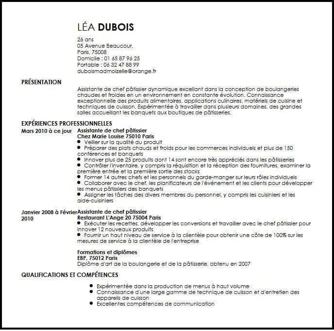 Exemple de CV Assistant de Chef Pâtissier  Exemples 