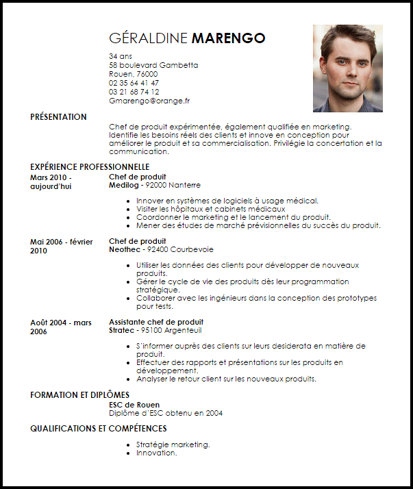 Exemple de CV Chef de Produit  Exemples & Modèles de CV