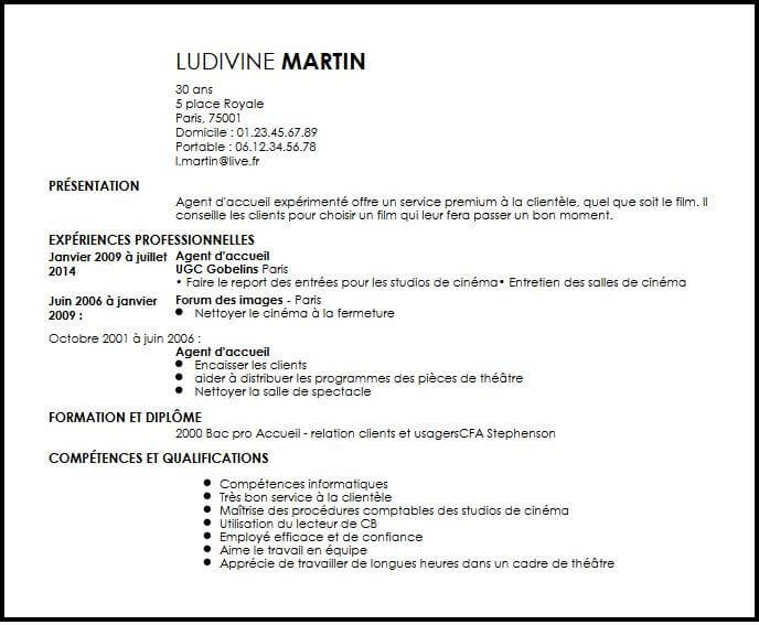 Exemple de CV Agent d'Accueil au Cinéma et au Théâtre 