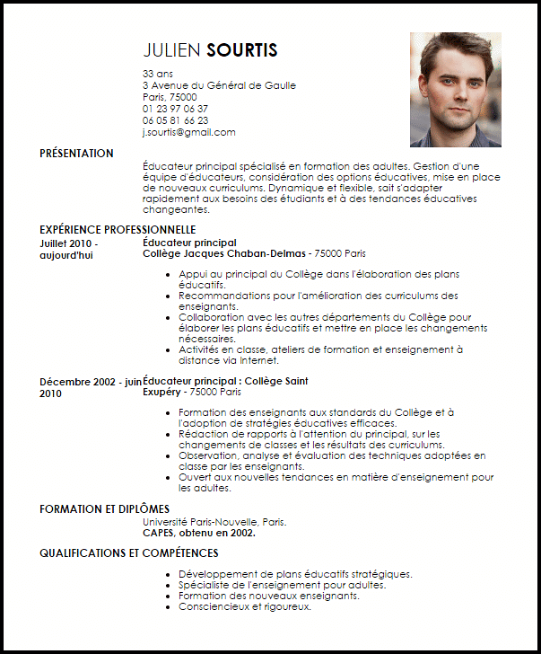 Exemple de CV Éducateur Principal  Exemples & Modèles de CV