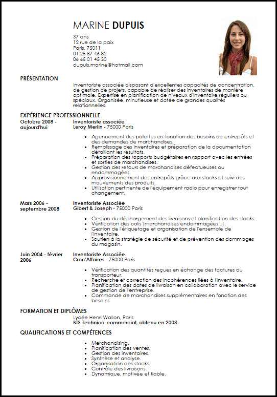 Exemple de CV Inventoriste Associé  Exemples & Modèles de CV