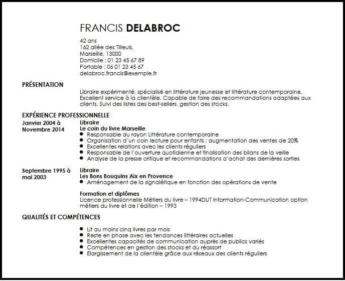 Exemple de CV Libraire  Exemples & Modèles de CV