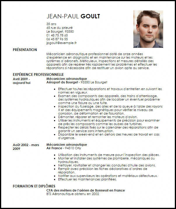 Exemple de CV Mécanicien Aéronautique  Exemples & Modèles 