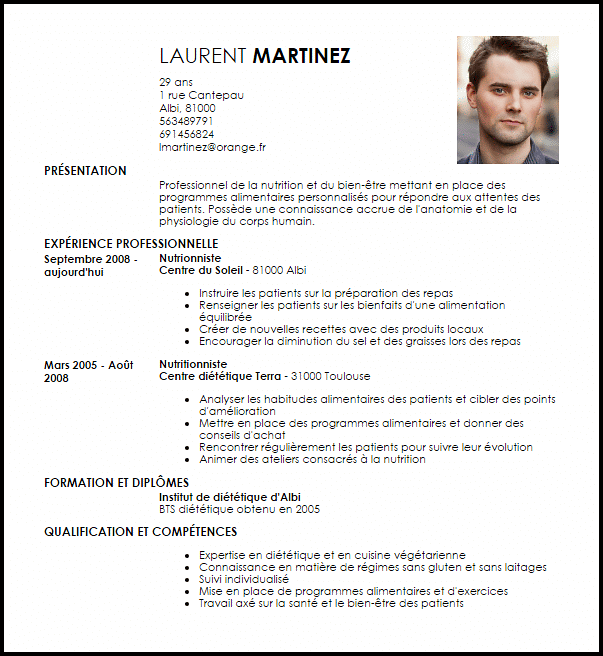 Exemple de CV Nutritionniste  Exemples & Modèles de CV