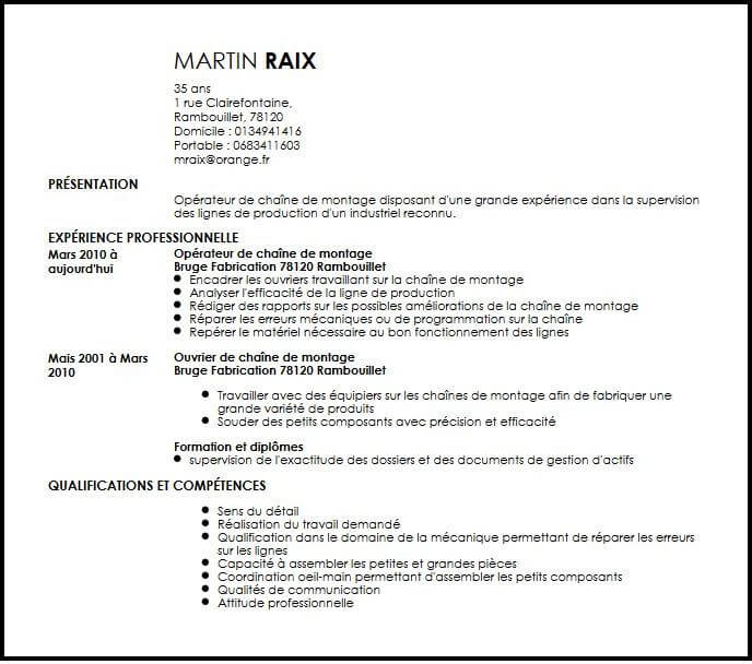 Exemple de CV Opérateur de Chaîne de Montage  Exemples 