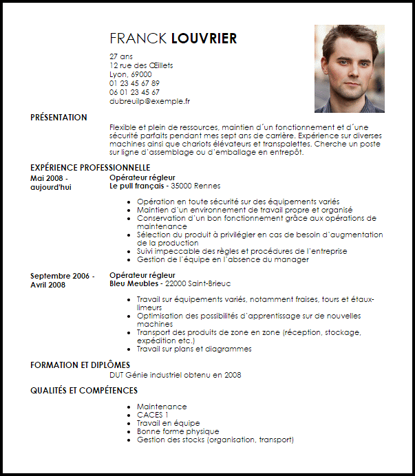 Exemple de CV Opérateur Régleur  Exemples & Modèles de CV