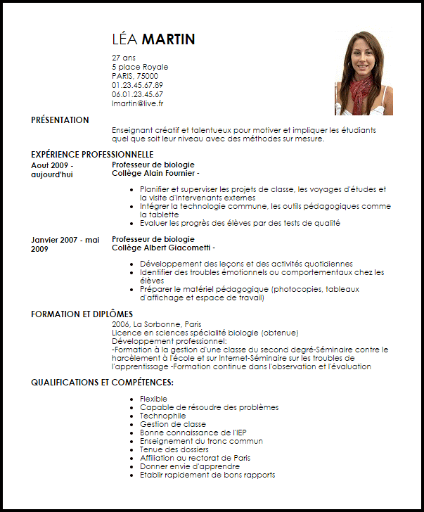 Exemple de CV Professeur de Cours d'Été  Exemples 