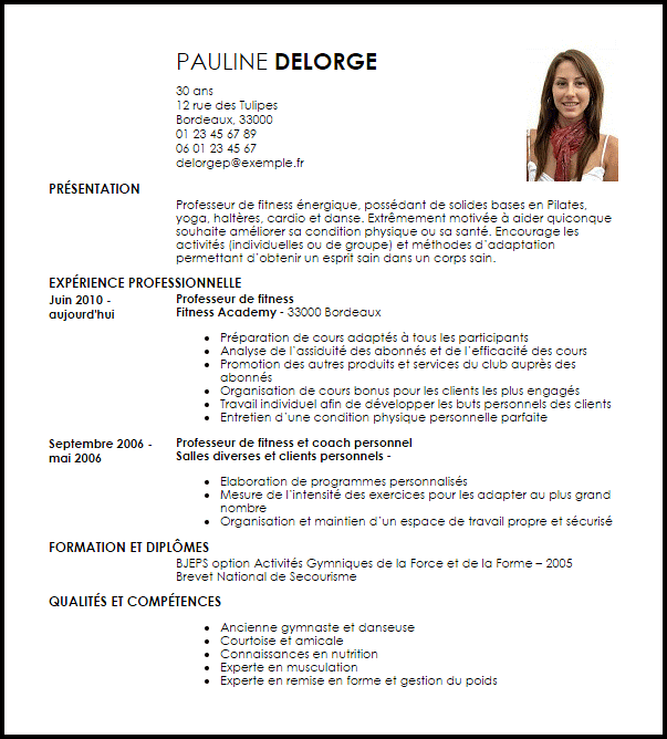 Exemple de CV Professeur de Fitness  Exemples & Modèles de CV