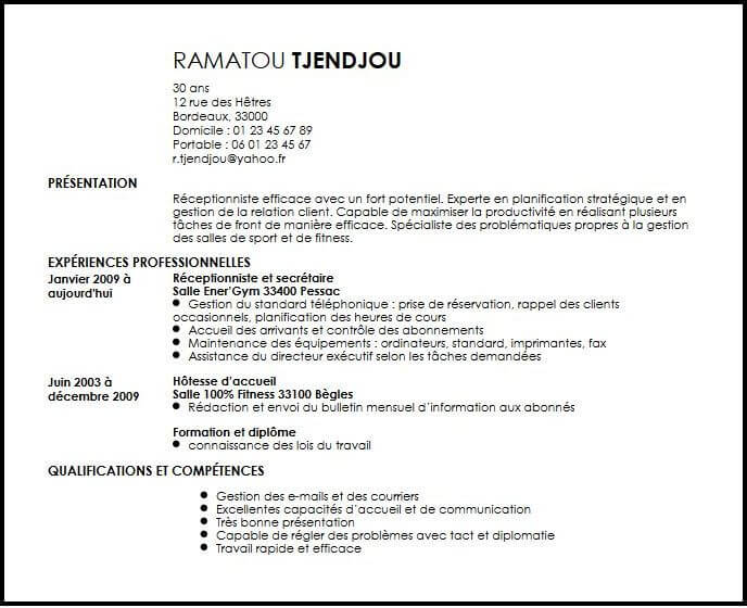 Exemple de CV Réceptionniste Salle de Fitness  Exemples 