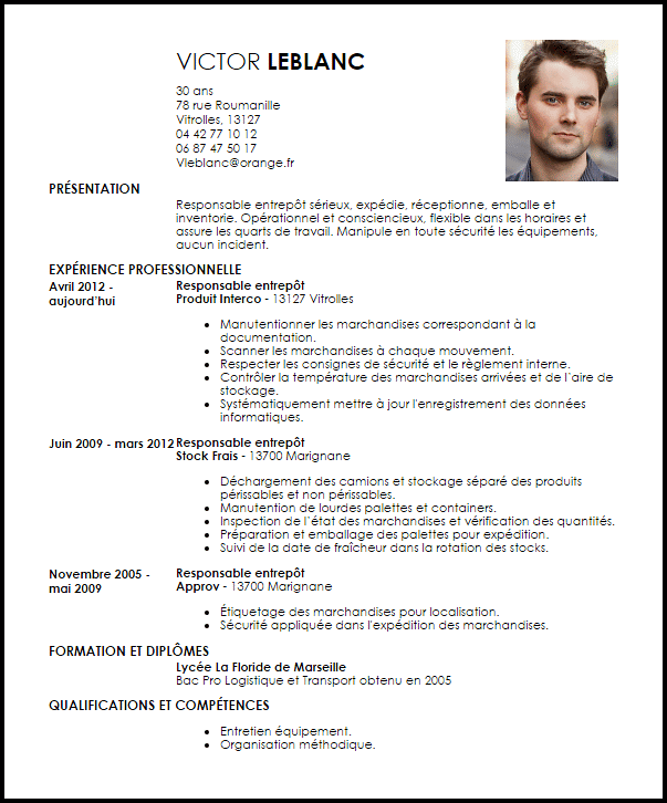 Exemple de CV Responsable Entrepôt  Exemples & Modèles de CV