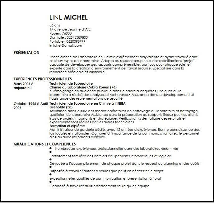 Exemple de CV Technicien de Laboratoire en Chimie 