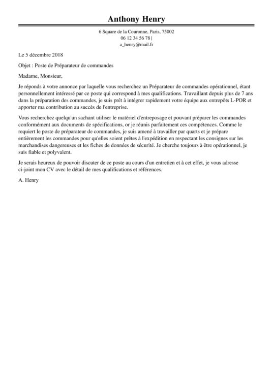 Modele Lettre De Motivation Magasinier Preparateur De Commande