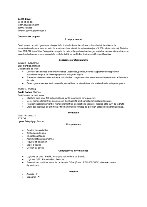 cv de gestionnaire de paie