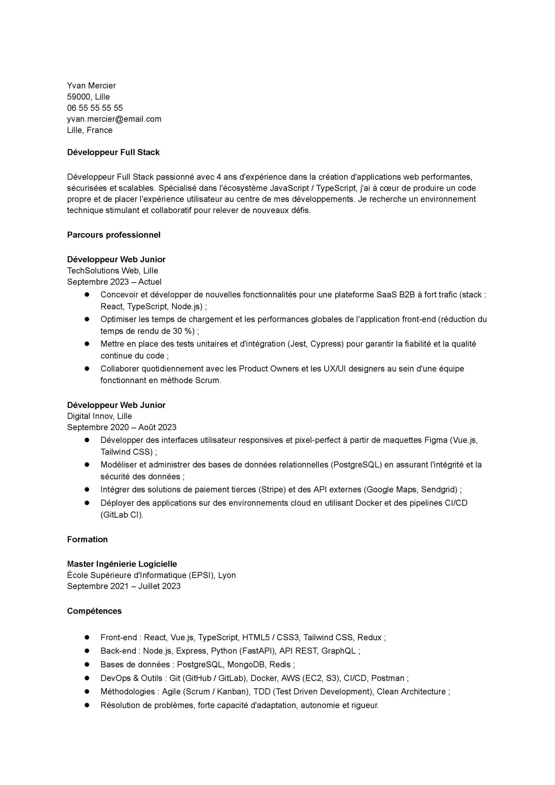 Exemple de CV de développeur web compatible ATS, avec photo, colonne latérale grise et titres de rubriques bleus